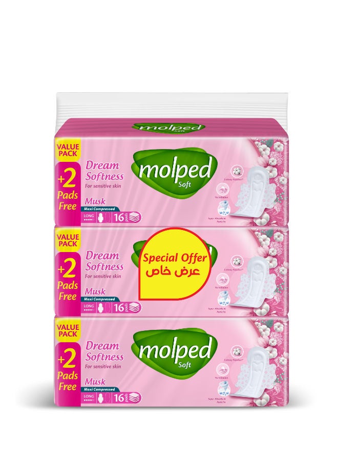 Maxi Compressed Long Pads For Sensitive Skin With Musk Scent -16+2 Pieces - Pack Of 3